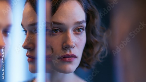 Woman reflects upon her internal state while observing her own image within the glass of a dimly lit modern interior space.