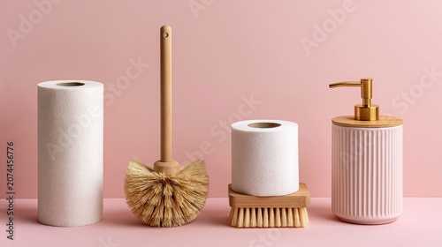 Toiletries including rolls of paper and wooden brushes sit neatly on a pink surface for modern bathroom lifestyle concepts.