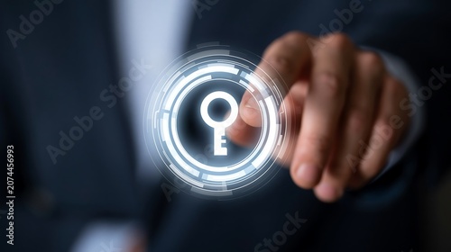 Professional touches a digital key icon floating in the air to signify authentication and secure access to online data.