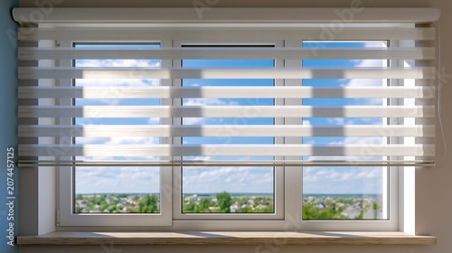 Window blinds provide adjustable light control for this modern home interior setting which offers a clean aesthetic appeal.