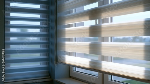 Curtain blinds with adjustable stripes offer a sophisticated solution for controlling illumination within a contemporary space.