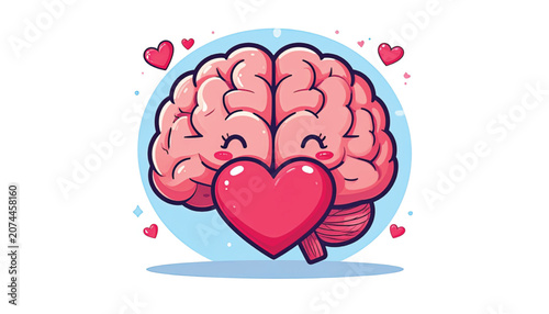 Brain with heart emoticon smiling happy.