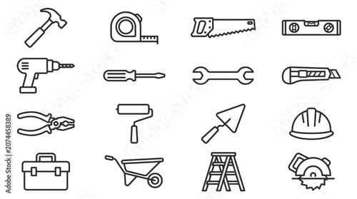 Essential Construction and DIY Tools Line Icons Set, isolated white background