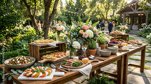 Beautiful outdoor buffet table with fresh food and flowers in a sunny garden