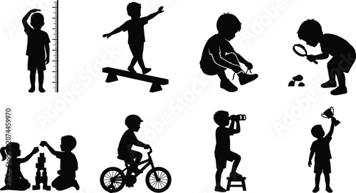 Children Silhouettes Engaged in Play, Learning, and Exploration ActivitiesChildren Silhouettes Engaged in Play, Learning, and Exploration Activities