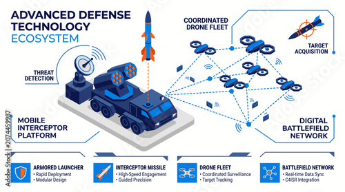 Advanced Defense Technology Ecosystem Infographic Isometric Military Missile Launcher Truck and Coordinated Drone Fleet Network Vector Illustration