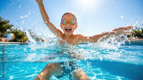 Smiling boy wearing colorful swim goggles splashes water while swimming in an outdoor pool, arms raised, sun flare above, summer vacation fun and play