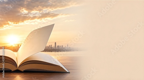 Open book with blank page turning at sunrise