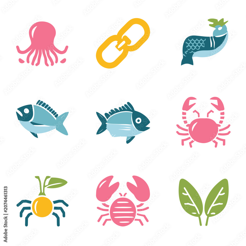 Fototapeta premium Colorful Aquatic Animal Icons Set