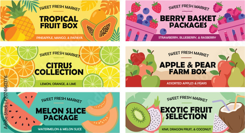 Quadro em tela Collection of colorful fruit boxes and packages from a sweet fresh market, featuring tropical, berry, citrus, apple, pear, melon, and exotic selections