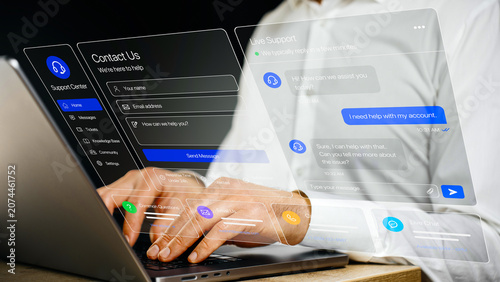 Live chat customer support, online help center and contact us form, technical support chatbot conversation, virtual assistance and customer service technology