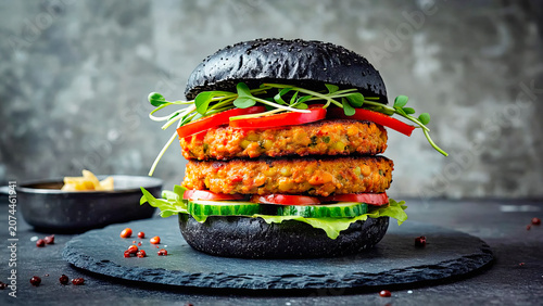 Delicious vegetable burger with a black bun, plant-based patty, vegetables, and microgreens on a dark background. Healthy eating and vegan cuisine concept.
