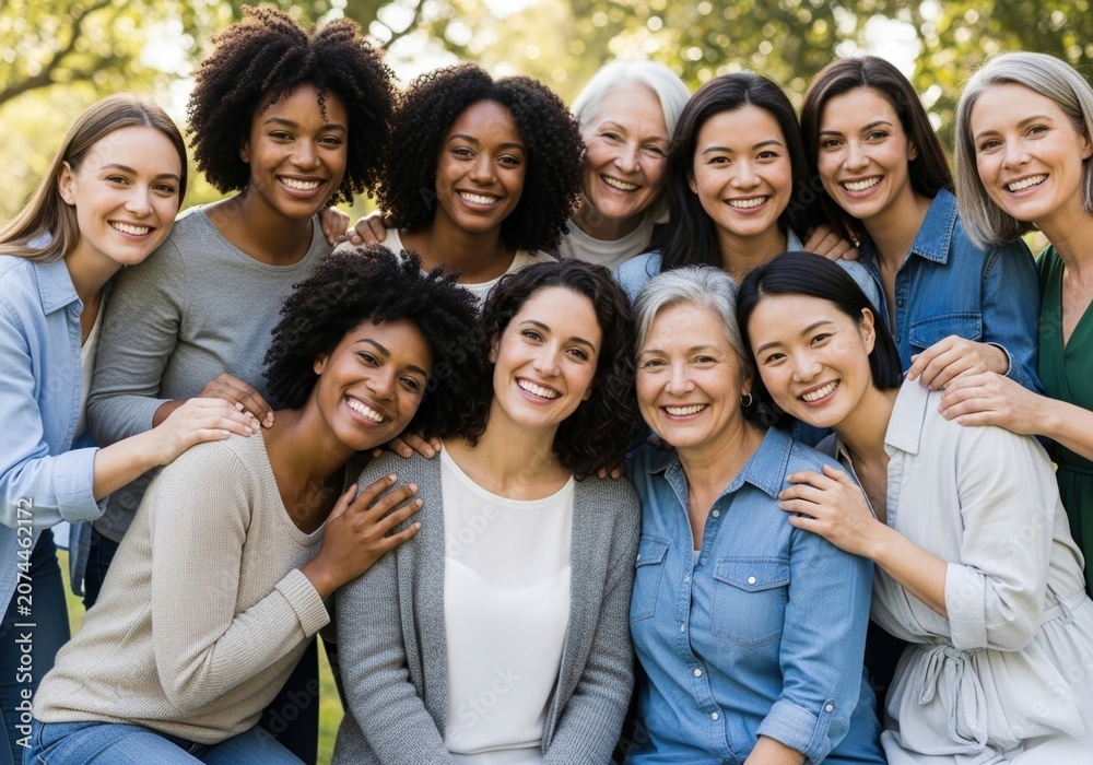 Fototapeta premium Smiling diverse group of women hugging outdoors