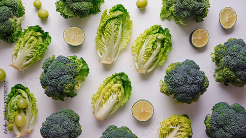 Flat lay of broccoli, lettuce, and lime on a white background. Healthy eating, vitamins, and vegetarian diets.