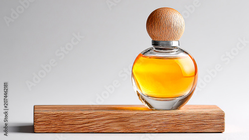 Elegant glass bottle with amber perfume liquid on a wooden stand on a light background.