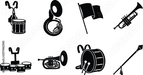 Marching Band Instrument Silhouettes with Drums, Brass, and Flag IconsMarching Band Instrument Silhouettes with Drums, Brass, and Flag Icons