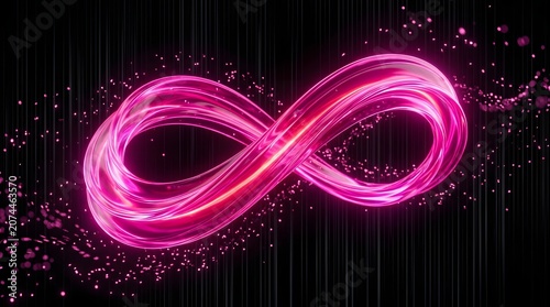 Vibrant pink infinity symbol loop made of flowing light trails over dark abstract backdrop.