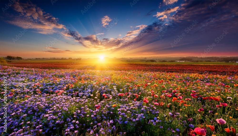 Obraz premium Spring Equinox Sunset Over A Flower Field