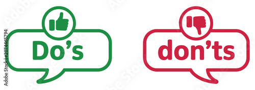 Photos Dos and don'ts icon set with thumb up and thumb down symbols, like and dislike s
