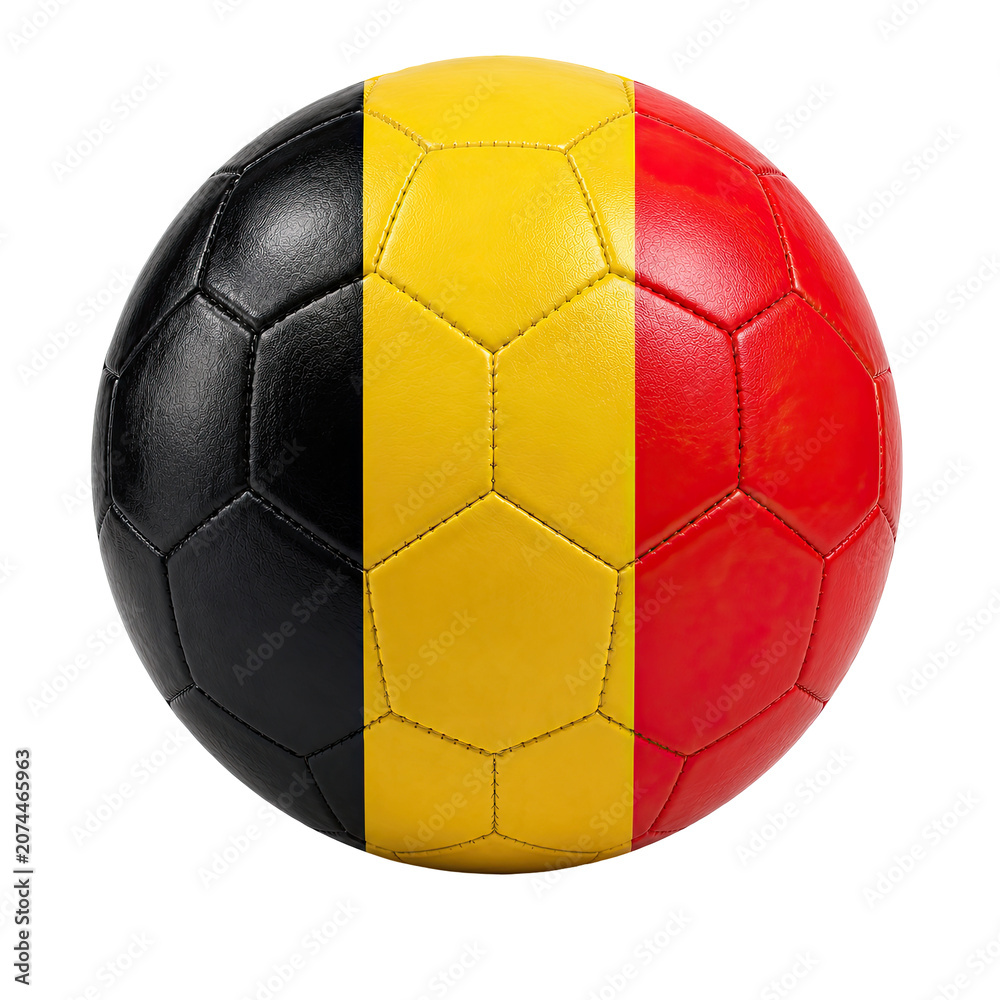 Obraz premium A soccer ball displays the Belgian flag colors on its surface.