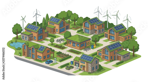 Eco-friendly village with solar panels, wind turbines, and electric cars