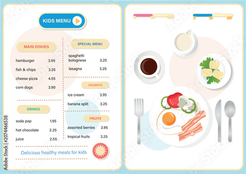 Children restaurant menu template with interactive healthy breakfast table setting. Kids cafe UI design with top view food illustration of eggs, bacon, and coffee. Vector flat illustration.
