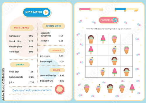 Children restaurant menu template with interactive Sudoku puzzle page. Kids cafe UI design with price list and educational picture logic game with ice cream for preschoolers.  Template for restaurant.