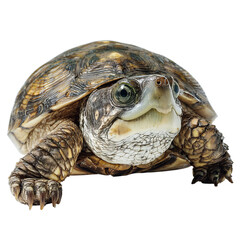 PNG of Close-up of a mature, textured turtle with a detailed shell, showcasing its emerald eyes.