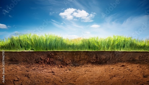 Cross Section Brown Soil And Green Grass In Underground With Blue Sky In Background
