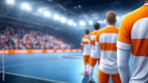 Indoor Futsal Players Wearing Colorful Jerseys in Sport Arena Setting