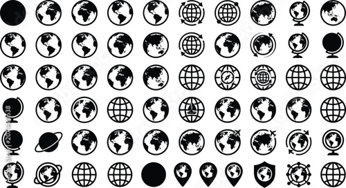 Black and white minimalist world globe icon collection with diverse earth maps grid sphere outlines logistics airplane pathways and global communication symbols