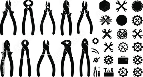 Work tools and pliers vector silhouettes set featuring wire cutters nippers spanners wrenches industrial gear icons and mechanic hardware repair elements