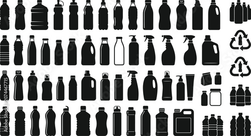 Plastic bottle and container silhouettes vector set featuring mineral water beverage packaging liquid soap dispenser sprayers and recycle sorting eco icons