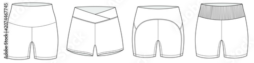 flat sketch set of womens high rise yoga and ribbed bike shorts vector illustration. CAD mockup.
