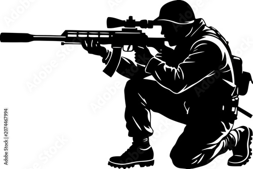 Kneeling Sniper Silhouette – Tactical Rifle Hunter Vector Icon