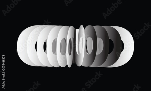 Abstract 3D geometric torus rings, monochrome circular spiral vector illustration, minimalist white disc sequence on black background