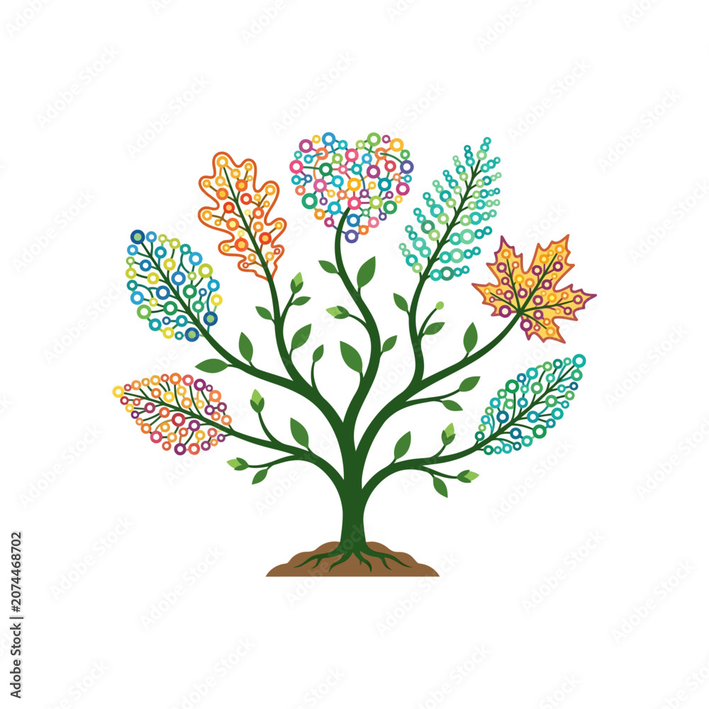 Naklejka premium Vibrant Abstract Tree Illustration Featuring Colorful Geometric Leaf Patterns