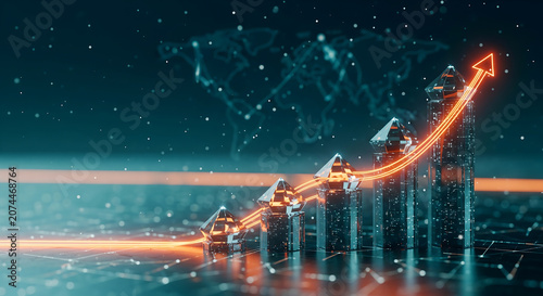 Digital glowing bar chart with upward arrow on abstract futuristic background, symbolizing growth and success in technology and finance, for business reports, data analysis, and digital