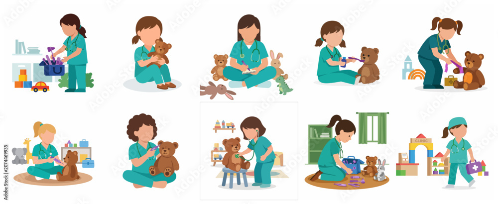 Fototapeta premium Collection of little girls in medical scrubs playing doctor and nurse with teddy bear patients, flat vector illustration