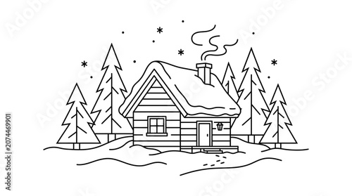 Cozy Log Cabin with Smoking Chimney and Falling Snow in Winter Forest with Pine Trees