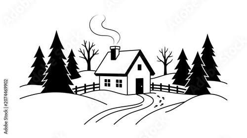 Peaceful House with Smoking Chimney and Winding Road in Snowy Winter Landscape