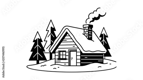 Cozy Wooden Cabin with Smoking Chimney in Snowy Winter Landscape with Pine Trees