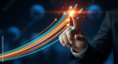 Businessman's hand in a suit touching glowing neon upward arrows on a dark bokeh background, ideal for business growth strategy, corporate performance tracking and investment trend forecasting