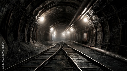 A view down an underground mining tunnel shows railway tracks, support structures, and artificial lights illuminating the dark space.