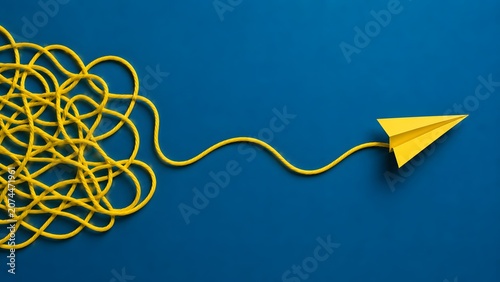 Simplifying complexity and problem solving concept with tangled yellow rope becoming a straight path to a paper airplane