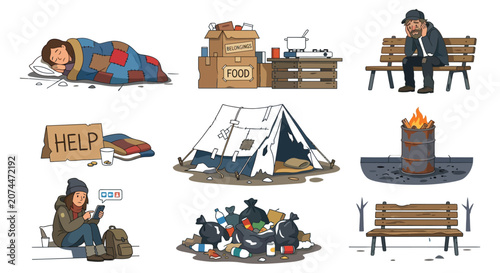 Obraz na plátne Homelessness Scene Illustrations With People Tent And Belongings