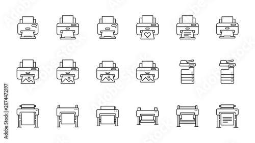 Collection of Linear Printer Icons Set Including Laser Inkjet and Plotter Machines for Office Technology and Document Printing