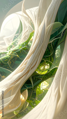 Tech Fabric Macro: Serene macro view showing organic green plant vine intertwined with white textile fiber material, expressing harmonious connection