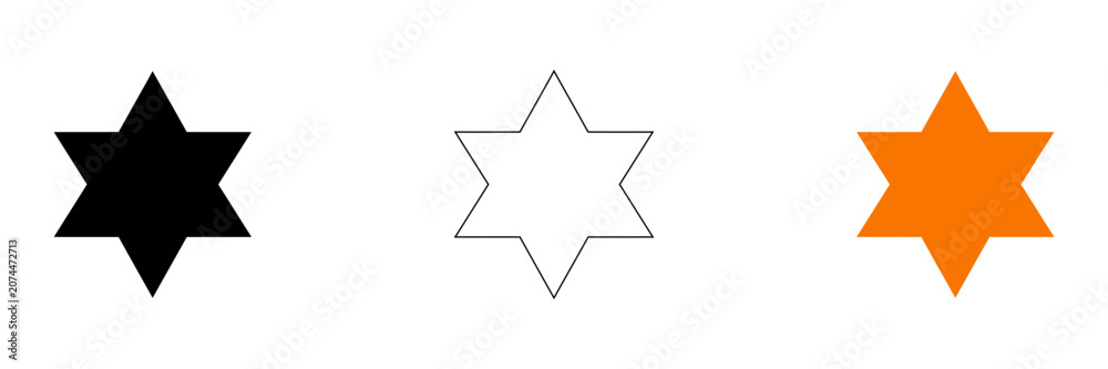 Obraz premium Three star of david symbols in black white outline and orange on a white background