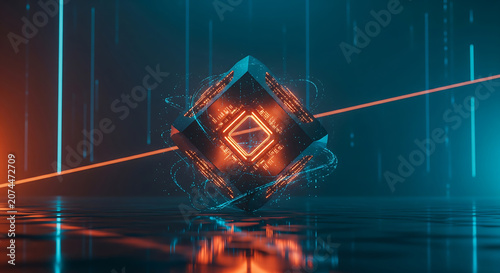 Glowing futuristic digital cube with intricate circuitry and swirling data streams, representing advanced AI and quantum computing for technology innovation, data science presentations and
